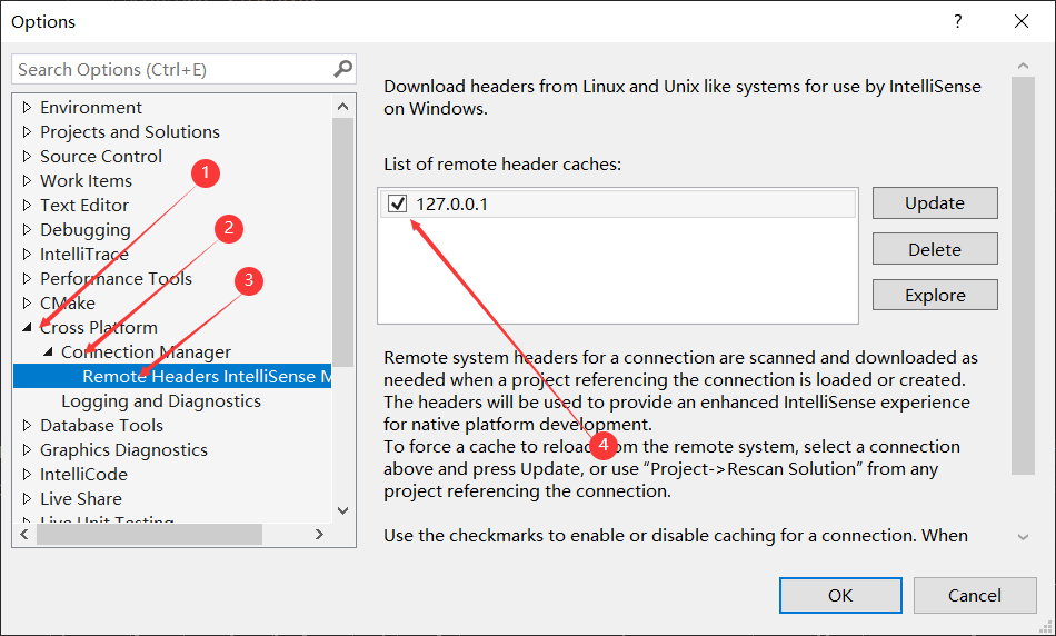 Cross Platform->Connection Manager->Remote Headers IntelliSense Manager